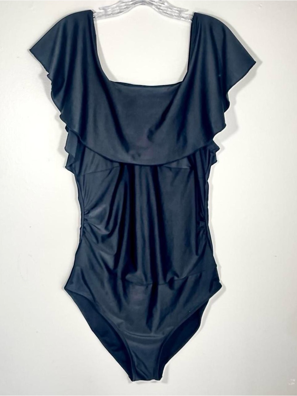 Black ruffle flutter sleeve one piece swimsuit size large long torso